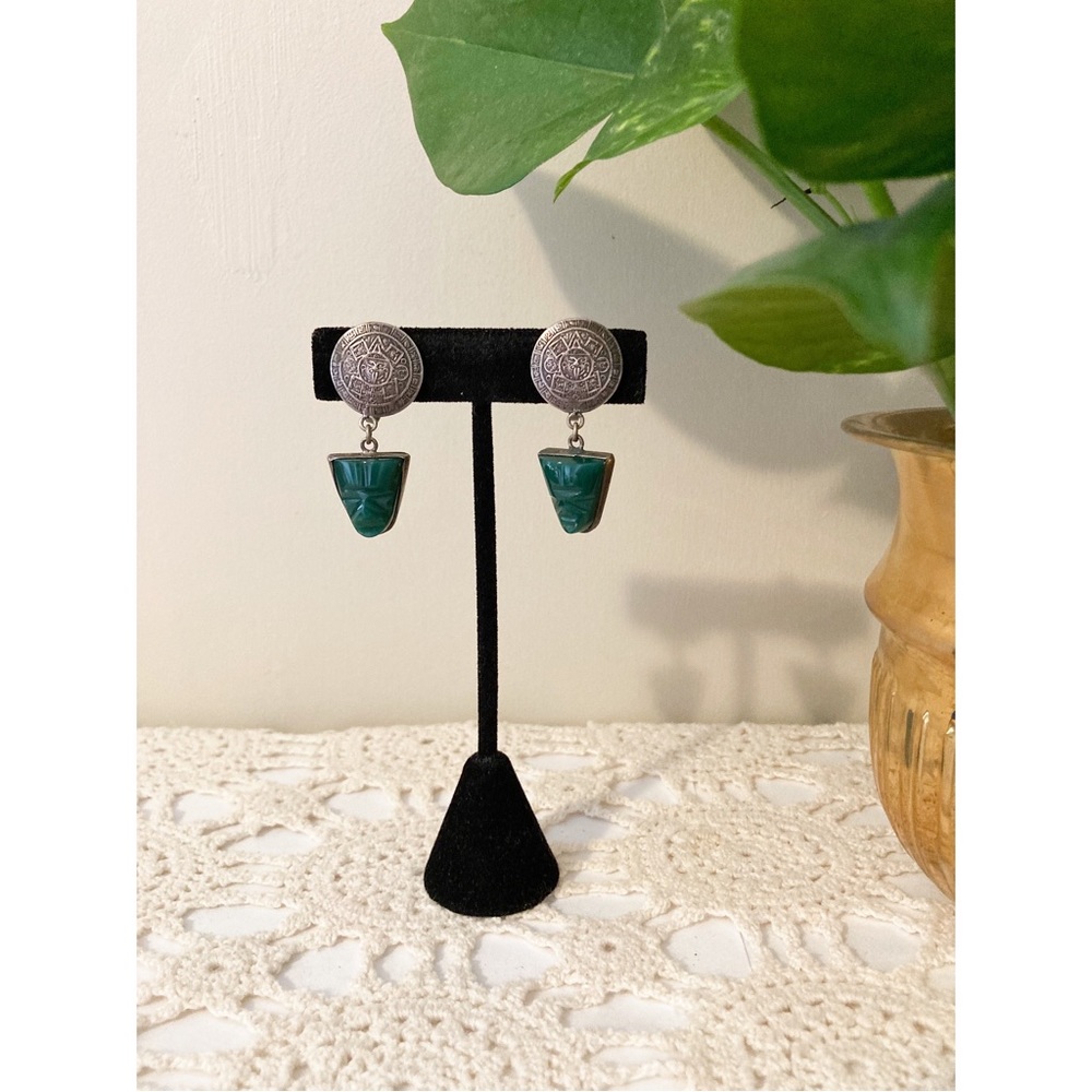 Vintage Mexican Silver and Onyx Earrings Screw back Earrings Mayan Calendar